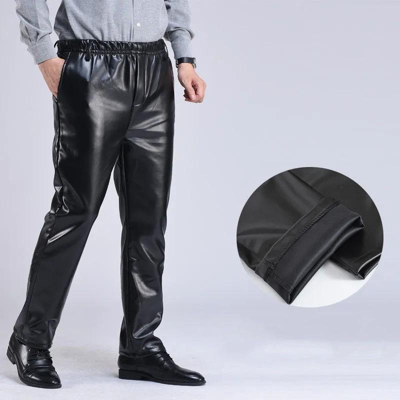 Herren Frühling Herbst PU Lederhose Lässig Männlich Dünn Fleece Übergröße Hose XL