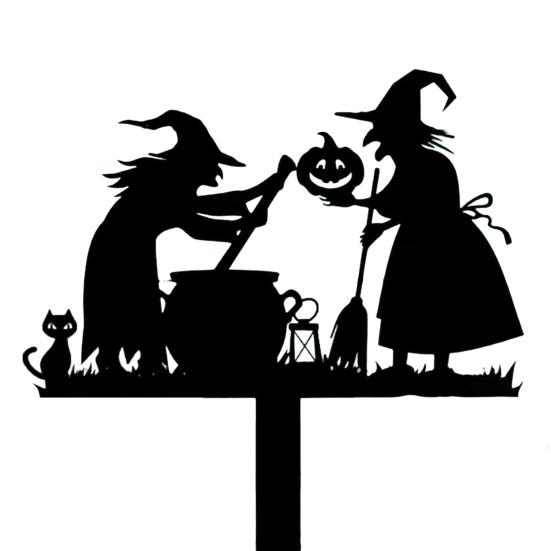 Halloween Garden Stake Metal Art Flying Witch Sign Skeleton Zombie
