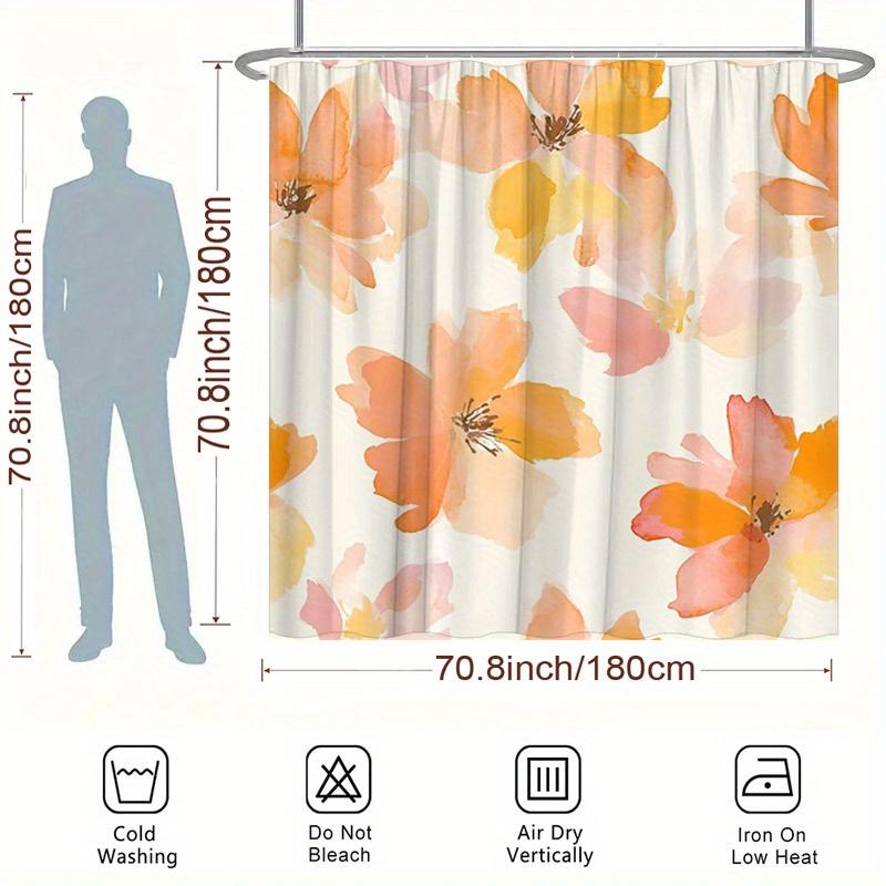 1pc Watercolor Blooming Flowers Shower Curtain - Peach, Orange & Pink Floral Design on Creamy Off-White