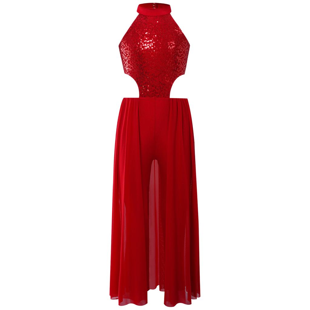 Girls Shiny Sequins Halter Sleeveless Backless Skirted Jumpsuit Latin Dance Performance Costume