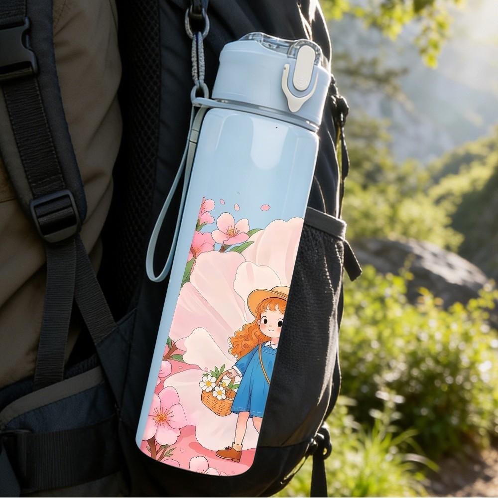 1PC Little Girl Pink Dress Watercolor Print 750ml Color Plastic Sports Water Bottle Leakproof Flip Straw Lid Suitable for Sports Office Home Use