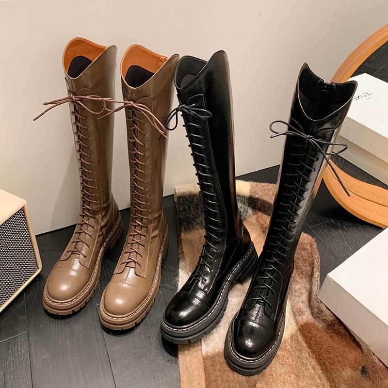 Krazing Pot Buty Jesienno-Zimowe ze Skóry Naturalnej Europejski Design Średnie Obcasy Kozaki Jeździeckie Kobiety Utrzymują Ciepło Kozaki do Uda