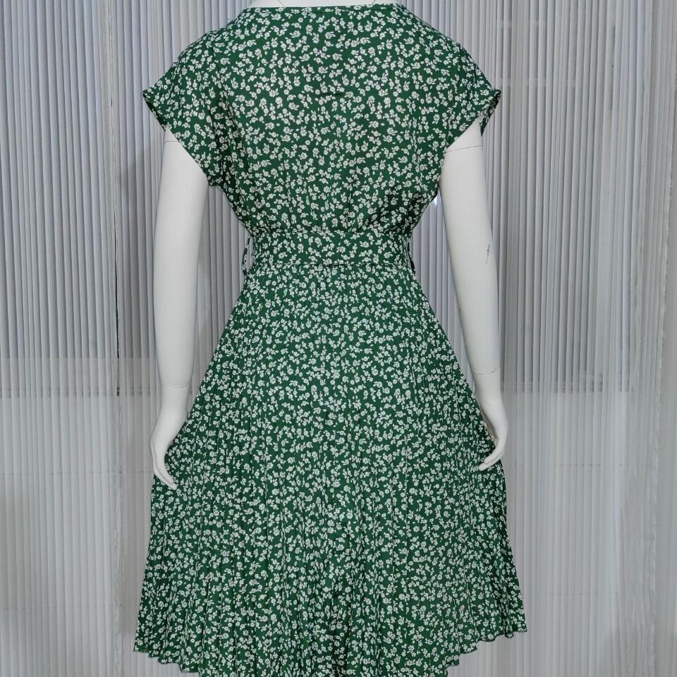 Women Spring Summer Short Sleeve Flower Print Lace Up Pleated Midi Dress Green Blue