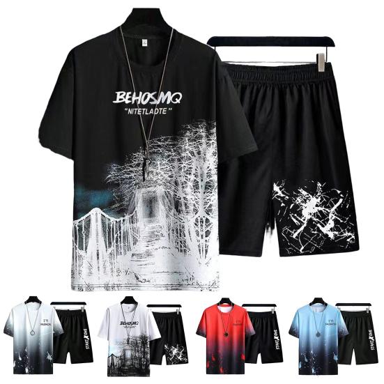 2Pcs/Set Casual Outfit Elastic Waistband Moisture Wicking Mid-rise Stylish Male T-shirt Shorts Activewear Streetwear