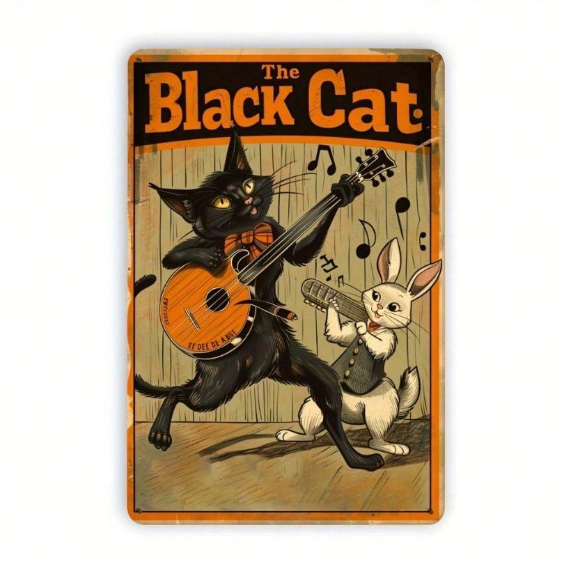 

Vintage Black Cat and Rabbit Musician Metal Poster Wall Decor