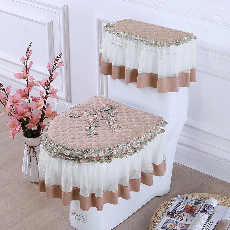 Universal European Style Double-Sided Toilet Seat Cover Set with Zippered Lace Fabric - All Seasons, Three-Piece Set.
