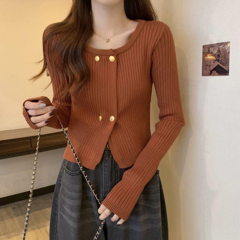 Soft Vibe Square Neck Chic Knit Cardigan Women's Autumn & Winter Elegant Slimming Short Sweater Outer Jacket