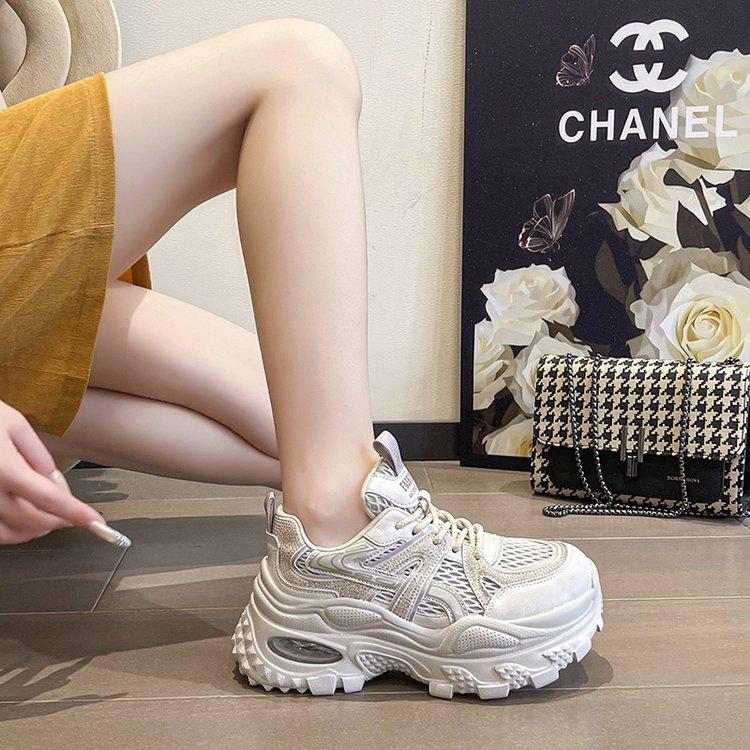 Leather Version~ Rhinestone Hollow Dad Shoes Women's 2025 Thin Breathable Mesh Women's Shoes Small Height-increasing Sneakers