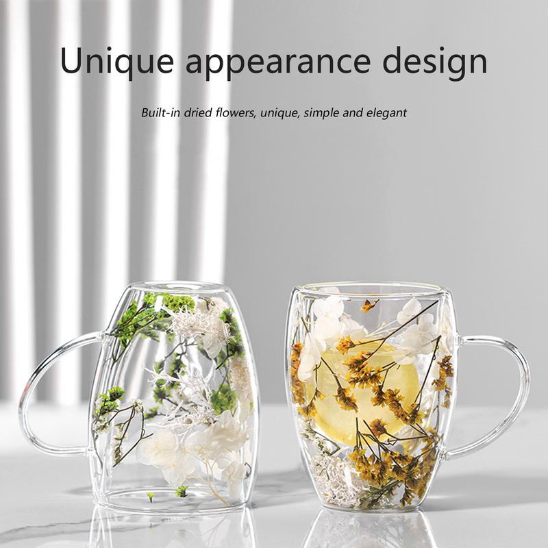 Dried Flower Double Walled Glass Mug 350ml Coffee Mug with Dry Flowers Decorative and Creative Flower Mug Double Wall Flower Cup