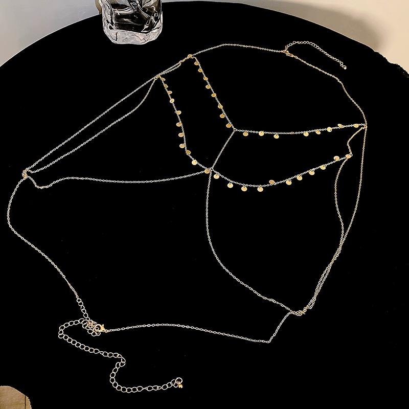 Lanț de corp metalic cu paiete și ciucuri la modă pentru femei, exagerat, de culoare aurie, tip sutien, încrucișat, bikini sexy, lanț de corp gol în interior, zirconiu