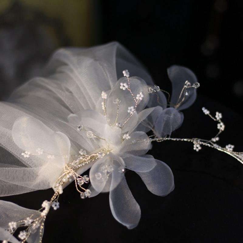 Bridal Veil with Boho Flower Crown One Layer Cut Edge Tulle Petite Beads Decorated Loop Short Veils for Flower Girls