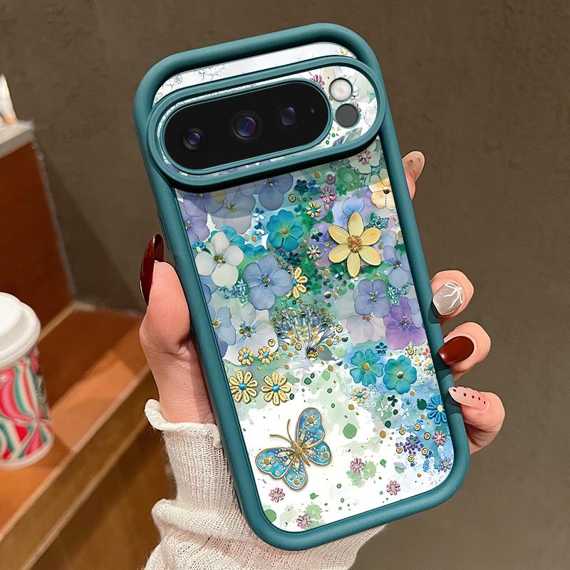 Oil Painting Flower Pattern Soft Phone Case For Google Pixel 9 Pro XL 8 Pro 8A Butterfly Print TPU Matte Shockproof Lens Protection Bumper Cover