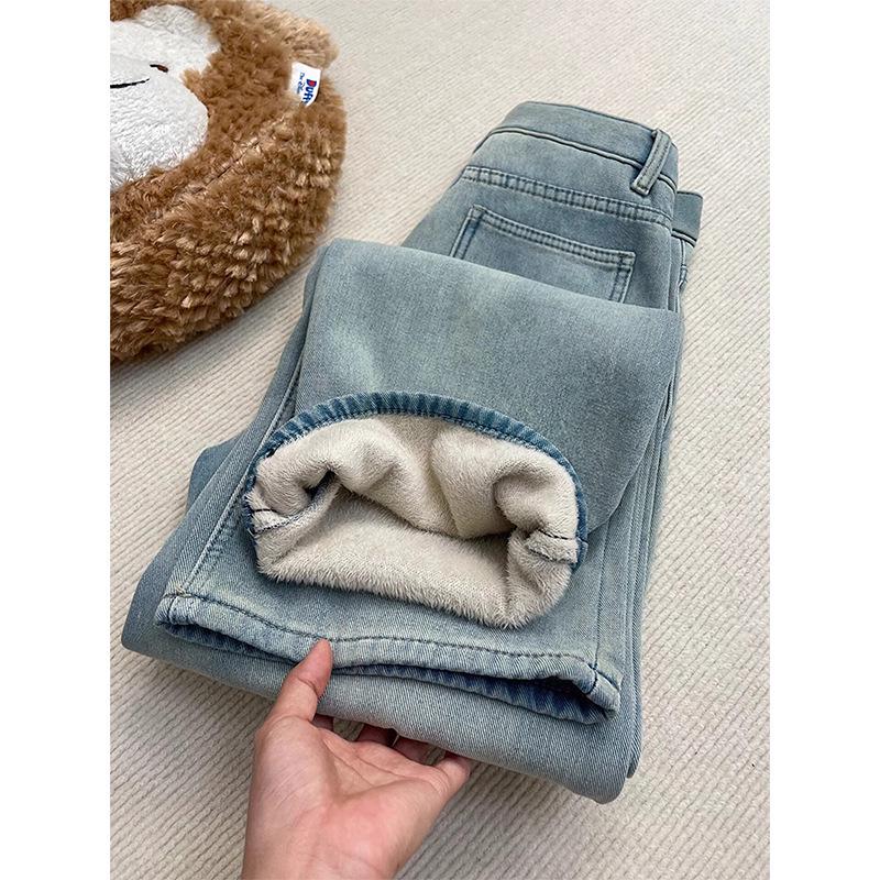 Women's Light Blue High-Waist Fleece-Lined Wide-Leg Jeans - Plus Size, Slimming, Ideal for Pear-Shaped Body