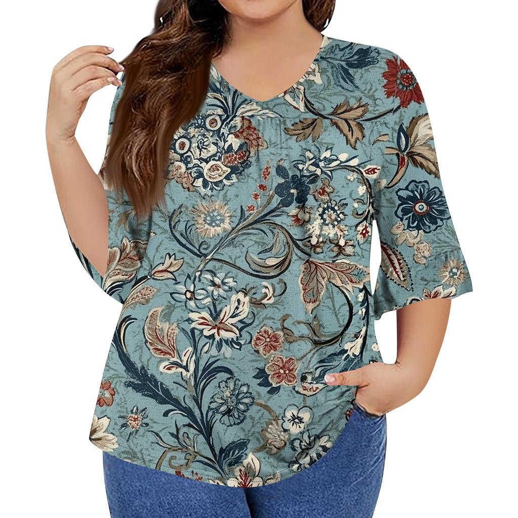 Women's Fashion Casual Retro Printed V-Neck Seven-Point Sleeve Ruffle Sleeve T-Shirt Tops Plus Size Women's
