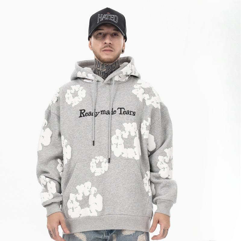 RogueWave Autumn and Winter Black Hooded Flower Print Sweatshirt White Flower Pattern Men's Casual Top