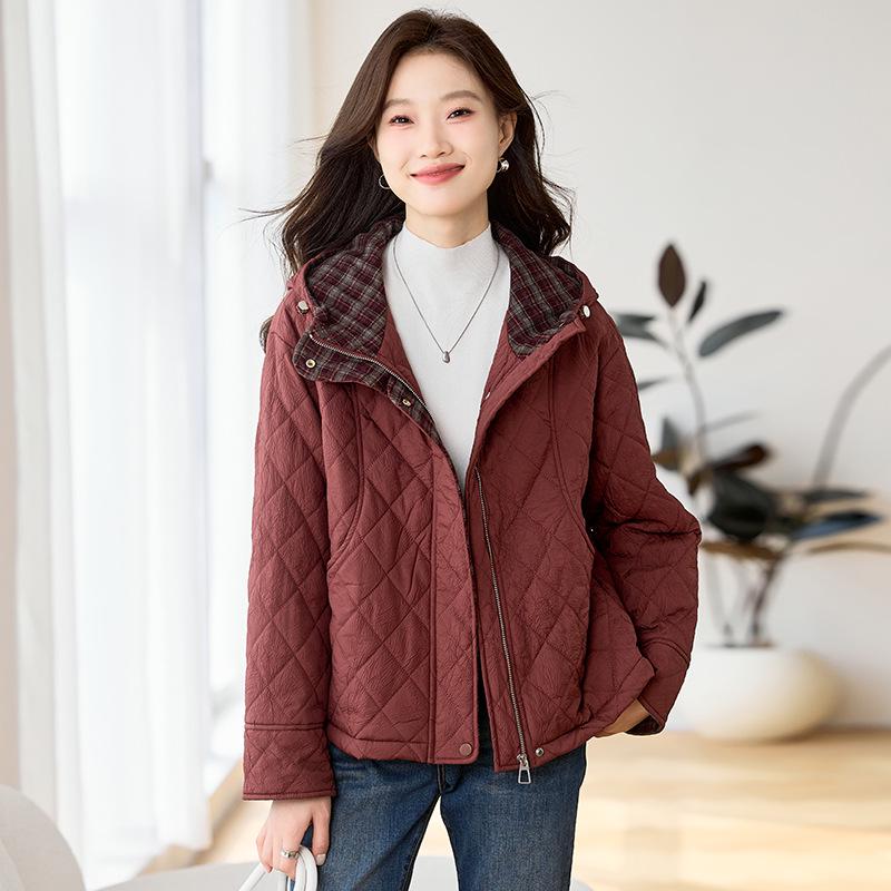 Women's 2024 Diamond Quilted Cotton Hooded Jacket - Autumn/Winter Short Fashion Plaid Patchwork Lightweight Coat