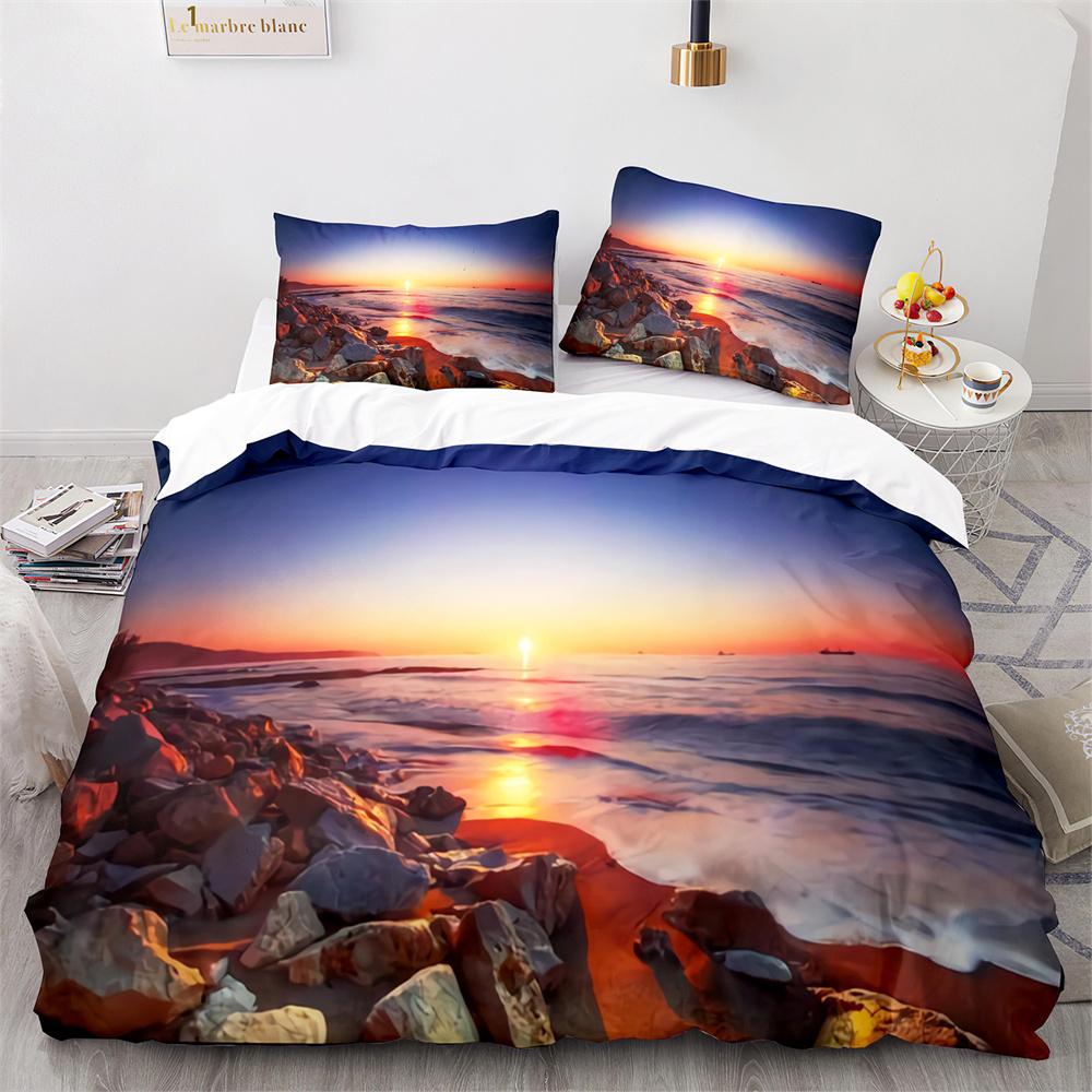 Beach Ocean Duvet Cover Set Sunset Hawaiian Waves Comforter Cover Tropical Island and Sea Beach Nature Polyester Bedding Set