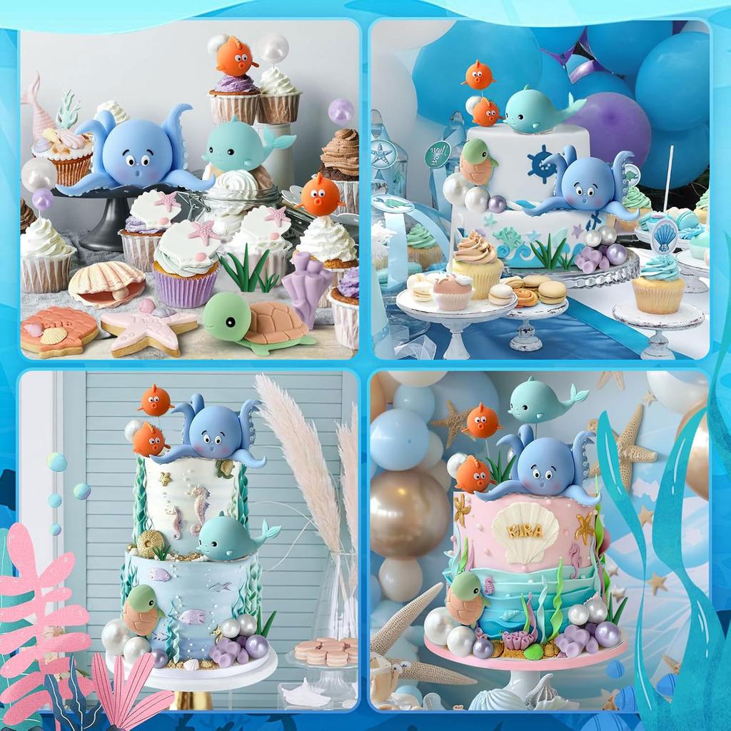 21PCS Under the Sea Cake Decorations Ocean Animals Cake Topper with Cake Balls for Boys Girls Baby Shower Birthday Party Supplie