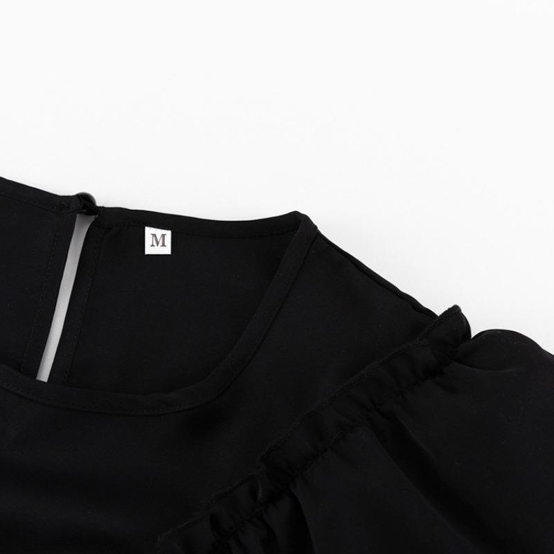Svart Elegant For Kvinner Langermet Slank Høy Midje Minikjoler 2024 Sommerfolder Skjøte Ruffle O-hals Kjole Femme Frankrike Uformell aftenkjole Dame