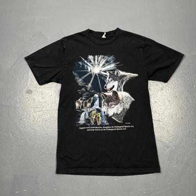 Vintage 90er Y2K Support Wolf-Wiedereinführung T-Shirt Schwarz Medium VTG Natur