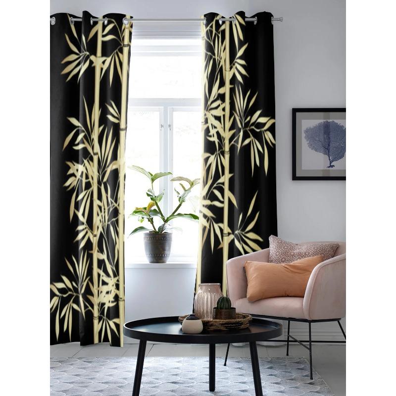 Gold Leaves on Black Background Window Curtain for Living Room Bedroom Home Decor Kitchen for Window Drapes