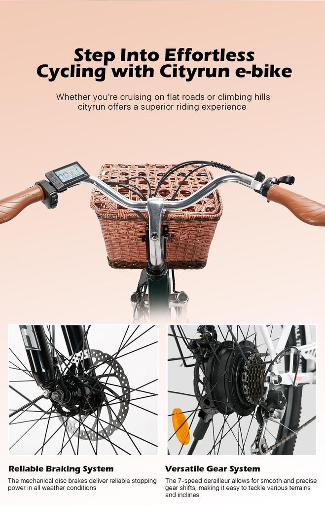 Cysum Cityrun Electric City Bike 26-Inch Tire 250W Motor 36V10Ah Built-in Battery 60–80 Km Max Range Shimano 7-Speed