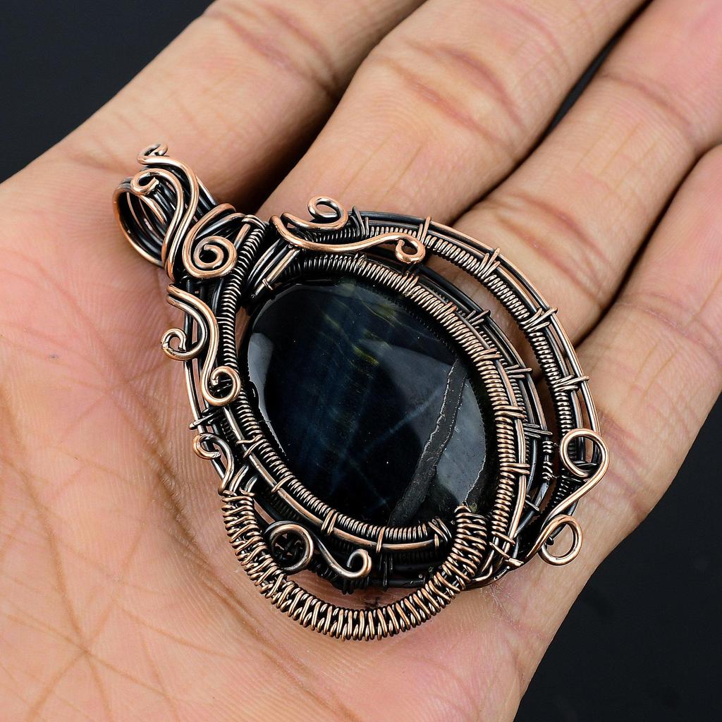 Blue Tiger Eye Pendant, 999 Copper Wire Wrapped Pendant Jewelry. Gift For Women Handmade Pendant Gemstone Jewelry