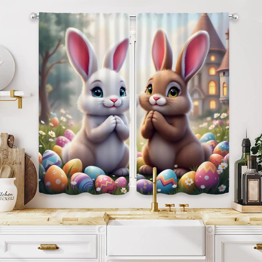 2PCS Multicolor Easter Bunny And Colorful Eggs Pattern Curtains Rod Pocket Design For Bedroom And Living Room