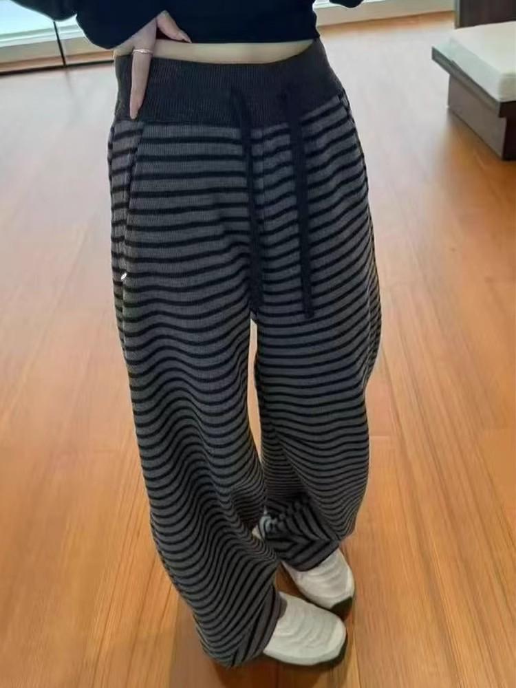 2026 European Striped Fleece-Lined Wide-Leg High-Waist Floor-Length Women's Trousers