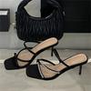 Eilyken New Summer Crystal Diamond Narrow Band Square Toe Women Slippers Thin Heels Stripper Party Slide Shoes