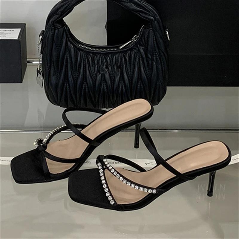 Eilyken New Summer Crystal Diamond Narrow Band Square Toe Women Slippers Thin Heels Stripper Party Slide Shoes