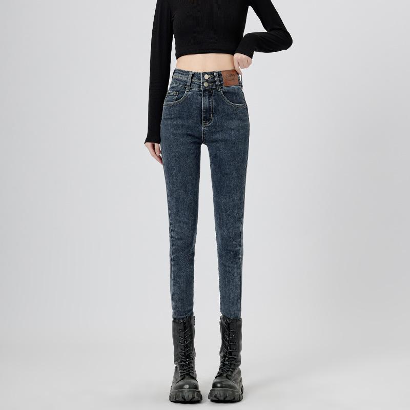 

2023 модные джинсы с высокой талией, женские новые универсальные облегающие эластичные брюки-карандаш с подъемом бедер 32 темно-синий