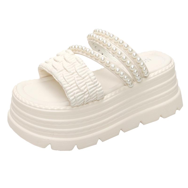 Fashion New 2025 Pearl Strap Chunky Sandals Women Summer High Platform Wedges Slippers Woman Fashion 8CM Heels Thick Bottom Beach Slides