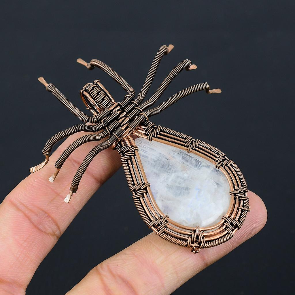 Natural Rainbow Moonstone Gemstone Copper Wire Wrap Spider Pendant 2.56" B0N50