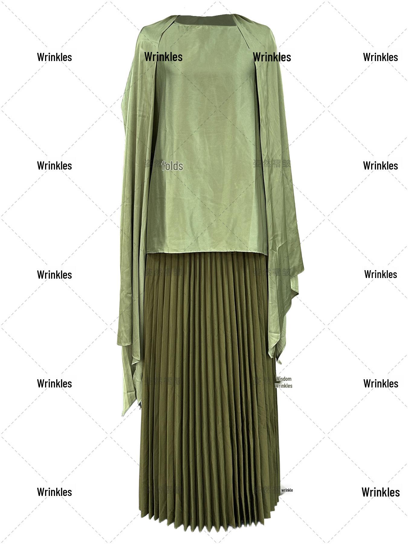 

Plus Size Women s Two-Piece Pleated Satin Skirt and Top Set One Size оливковое зеленый