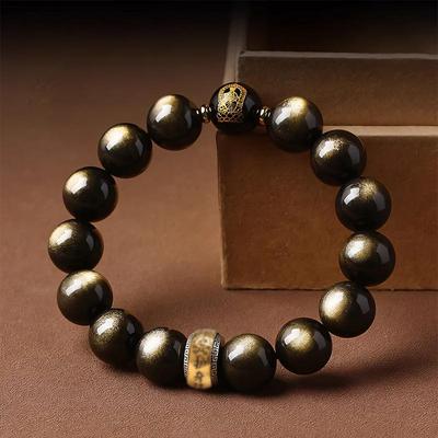 7A Qualität Natürlicher Goldobsidian Tierkreis Schutzbuddha Armband für Männer und Frauen - Benming Jahr Schwarzer Obsidian Schmuck