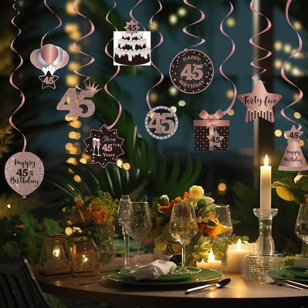 Happy 45th Birthday Hanging Swirls Streams Ceiling Decorations, Celebration 45 Foil Hanging Swirls with Cutouts for 45 Years Old Rose Gold Birthday