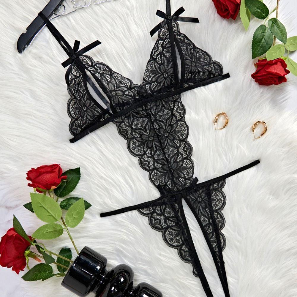 Deep V Neck Lace Bow Bodysuit Transparent Lace Sling Nightwear Sweet Women Lingerie  Ladies