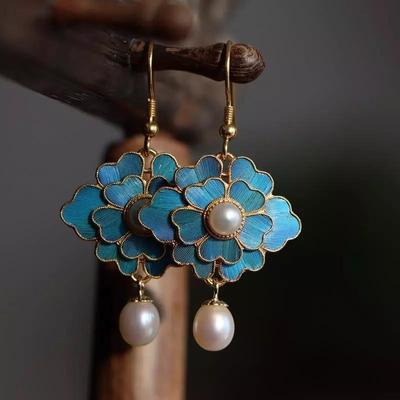 Cloisonne Imitation Emerald Plated Golden Earrings, Classic New Chinese Style Minimalist Ancient Style Earrings