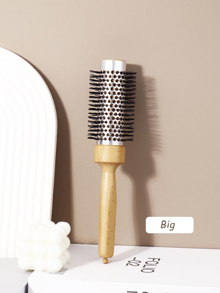 Hairstyling Nylon Hair Brush - Hair Dryer Cylinder Curling Comb - Aluminum Tube Comb and Wooden Handle