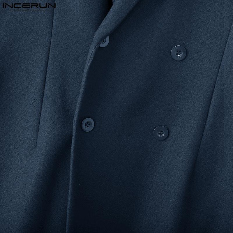 INCERUN Winter Autumn Men Double-breasted Long Sleeve Thin Woolen Long Overcoat Coats