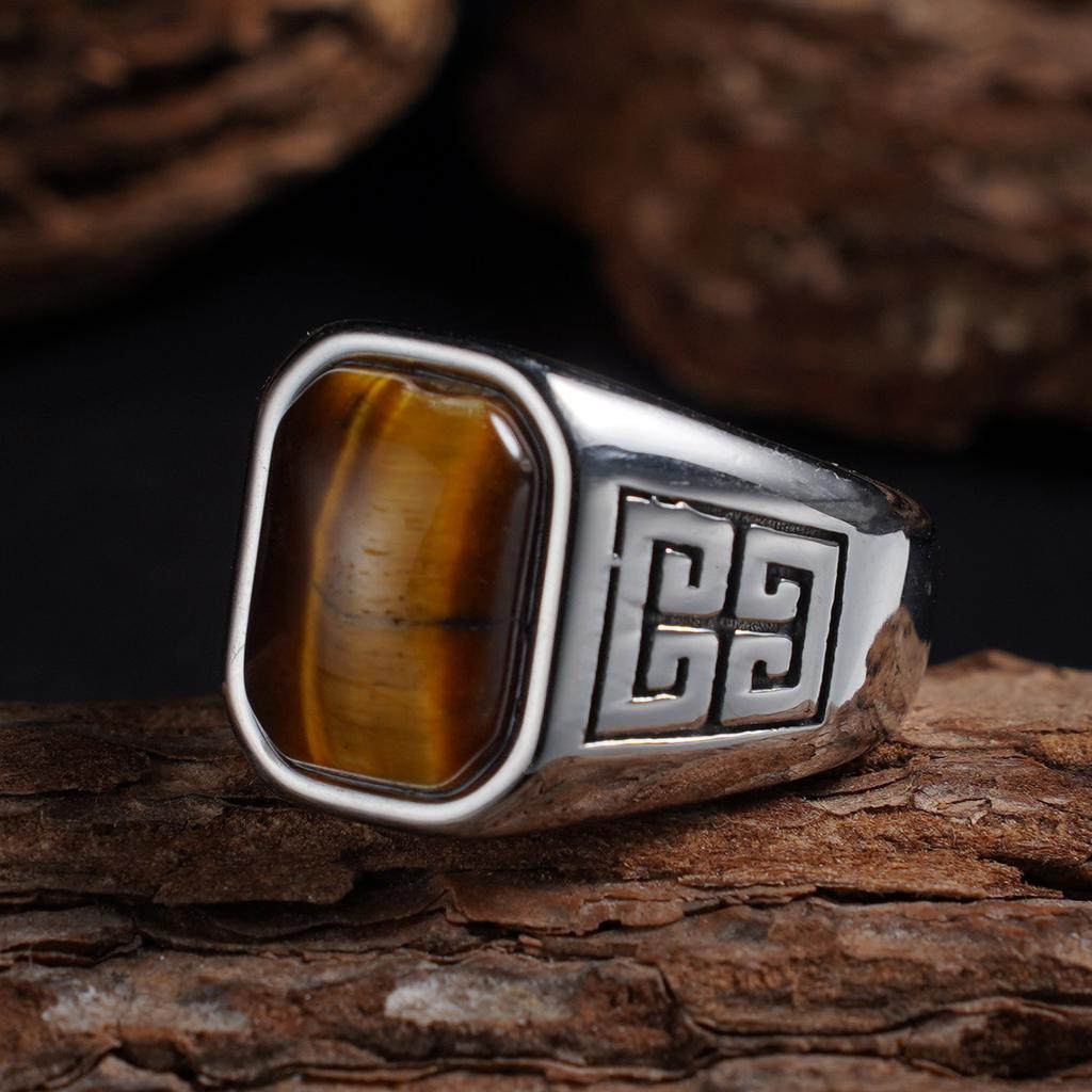 1pc Men's Vintage 316L Stainless Steel Ring with Natural Tiger's Eye Stone Intricate Detailing, Durable Unisex Jewelr