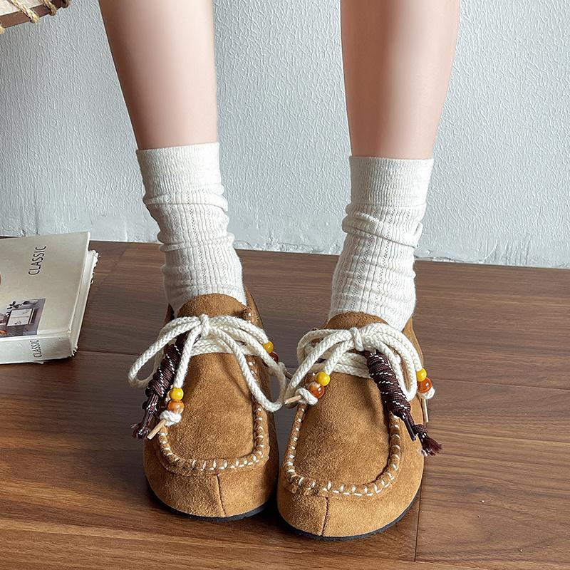 2025 New Women's Flat Shoes Round Toe Lace-up String Bead Shoes Women Leisure Retro Style One Kick Spring Autumn Single Shoes