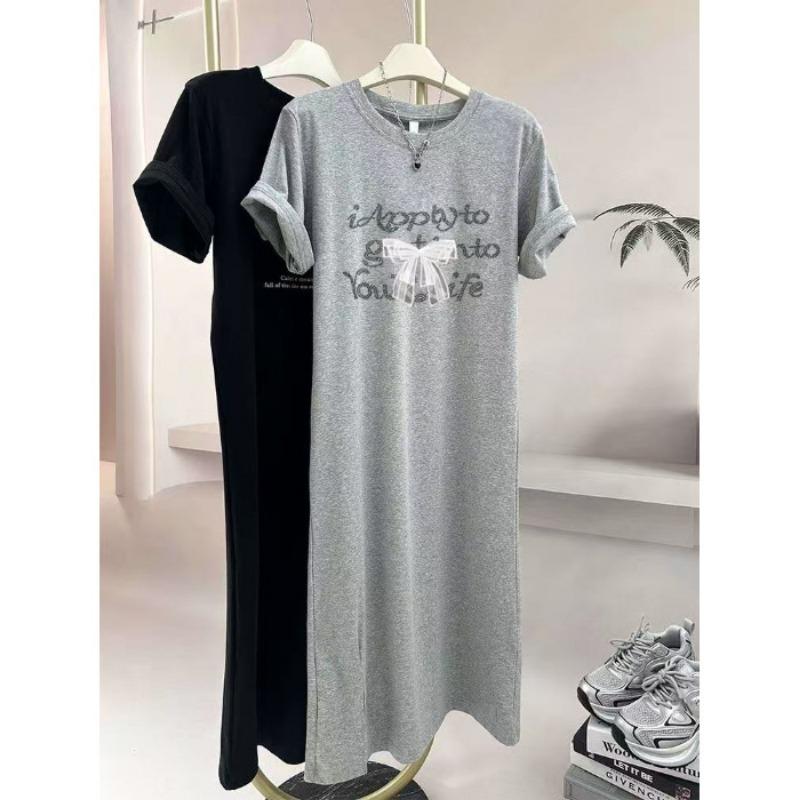Letter Print Dress,a Mid-length Over-the-knee Slit T-shirt for Women's Summer Casual Wear