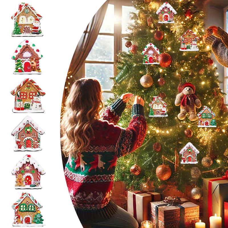 12PCS Christmas Tree Decoration Gingerbread House Pendant Wooden Multi-element Suspension Rope Holiday Wooden House Gift
