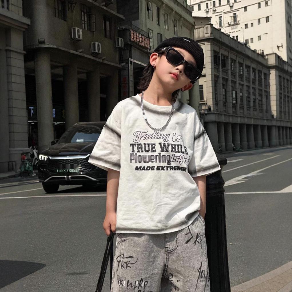 

Детская хлопковая футболка в корейском стиле - с коротким рукавом, свободного кроя для мальчиков и девочек, летняя одежда 130 cm белый