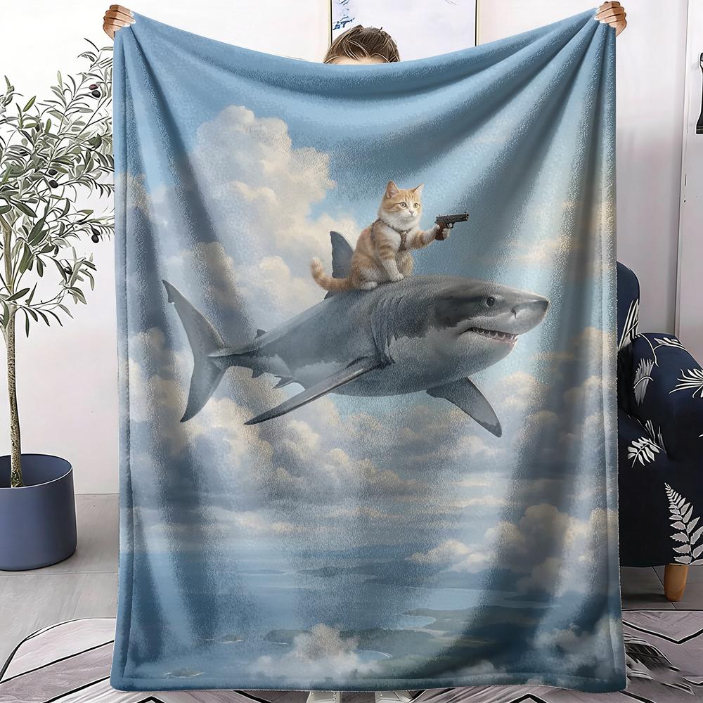 Cat Riding a Shark Throw Soft Flannel AC Blanket Lightweight Summer Nap Throw Cozy  Blanket for Sofa Bed Travel Home