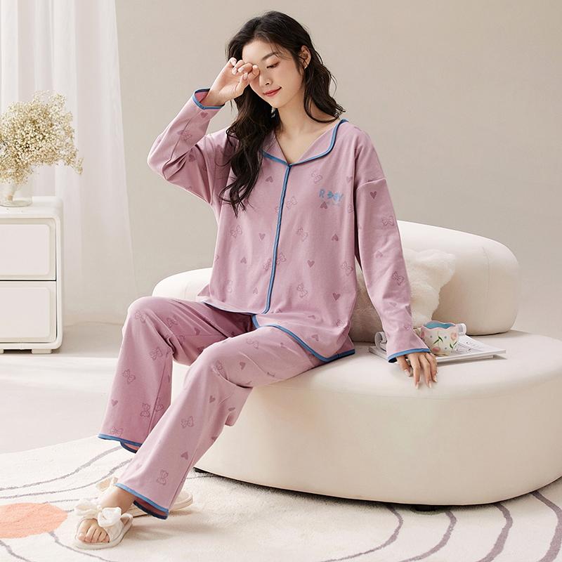 Bear Blue Flower Women Pajamas Set Long Sleeves Long Pants Autumn Winter Cute Kawaii Sleepwear Pyjamas Soft Pijamas Ladies Cozy