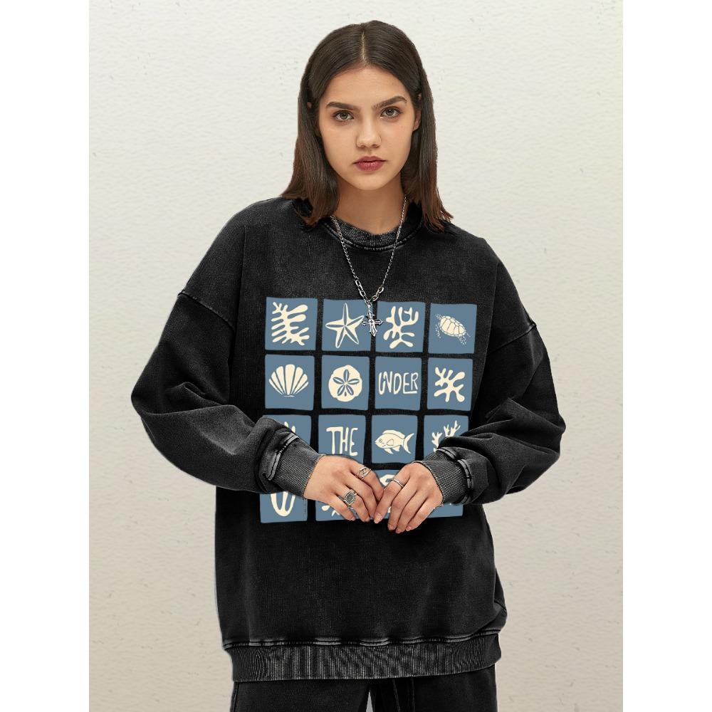 

Морские виды Комбинация Черепаховый панцирь Морские принты Женский пуловер Повседневный Хлопковый Выстиранный Свитшот Круглый вырез Свободный 3XL