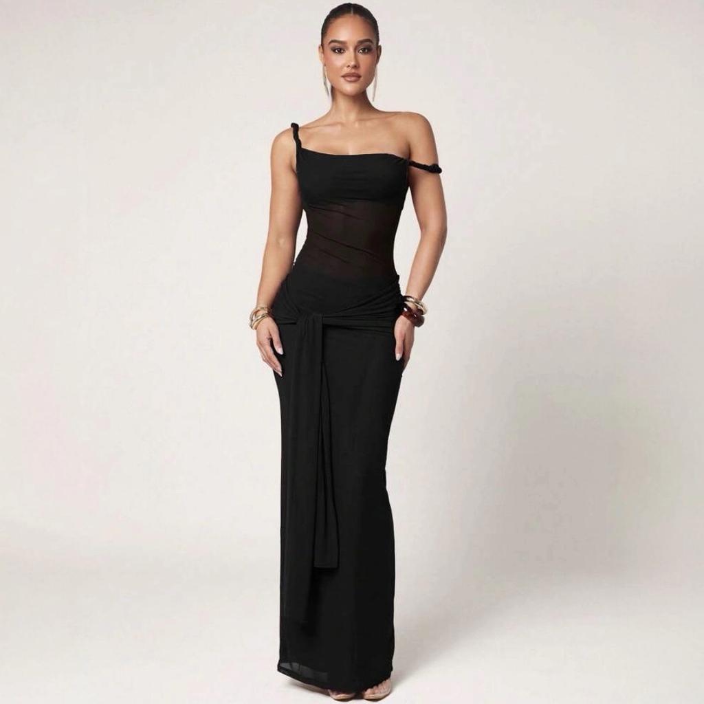 GD-solid Color Sexy Waist See-through Tube Top Strap Design Slanted Shoulder Dress